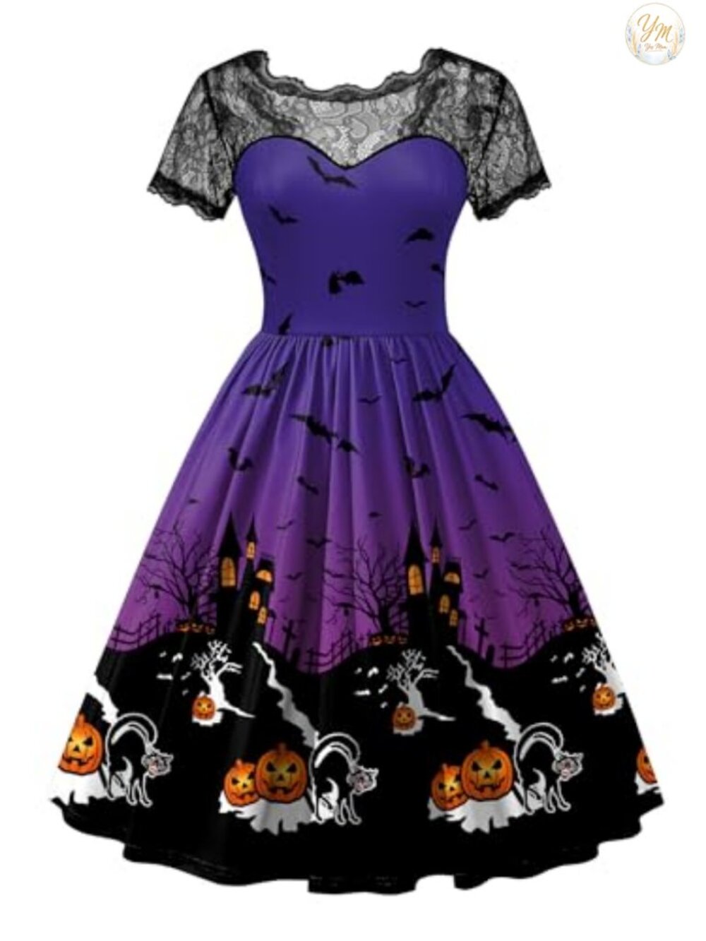 Women Halloween Witch Costume Lace Short Sleeve A-Line Dress